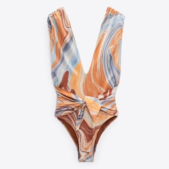 ZARA Women's SWIMSUIT One-Piece Marble V-Neck SMALL Tie Swimwear Summer Beachwea - Picture 1 of 5